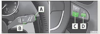 Fig. 7 Ecran d'informations : Organes de commande sur la manette des essuie-glaces/organes de commande sur le volant multifonction