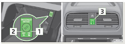 Fig. 129 Vide-poches : Commutateur pour l'airbag frontal du passager avant/témoin de désactivation de l'airbag frontal du passager avant